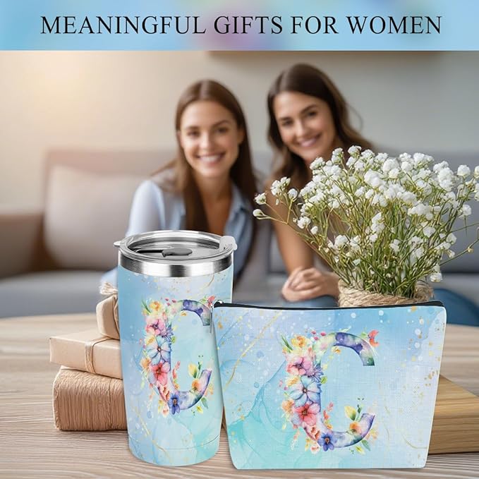 Personalized Gifts Monogrammed Birthday Gifts for Women, Cowerker Wife Sister Wedding Christmas Initial 20 oz Tumbler, Makeup Bag Cup Ballpoint Pens Journal Notebook 6 Set, (Aesthetic Blue Flower C)