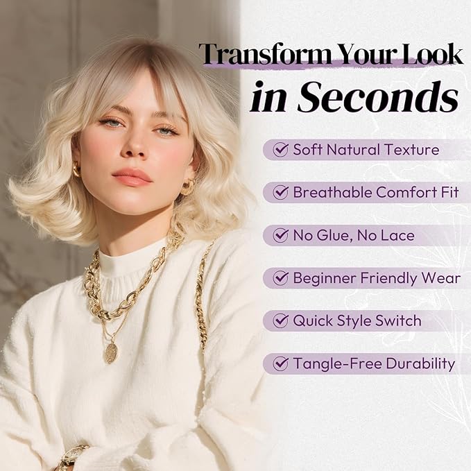 BARSDAR Blonde Ombre Short Wavy Wig with Bangs - Short Wavy Blonde Ombre Wig for Women - Fluffy Soft Synthetic Dark Roots Curly Textured French Bob Wigs with Bangs Natural Looking Face-Framing