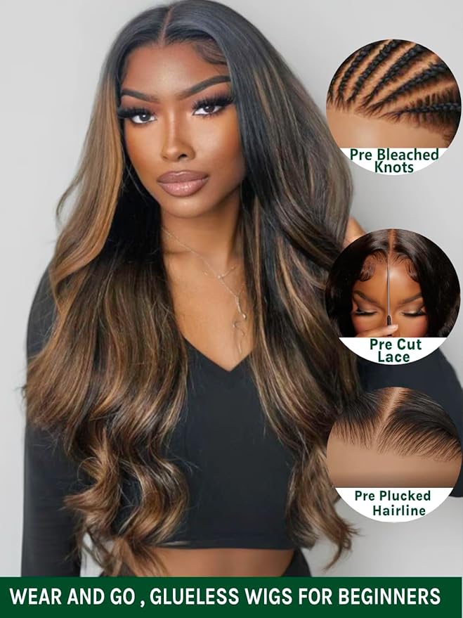 KLAIYI Bye Bye Knots Glueless Ombre Brown Body Wave Pre Cut 7x5 Lace Front Wigs Human Hair Drawstring Pre Plucked Bleached Pre Everything Ready to Wear and Go Wig Highlight Balayage Colored Wig 24Inch