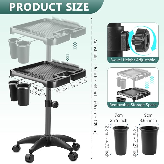 Professional Salon Rolling Tray Cart, Height Adjustable Storage Platform with Hair Tool Holders, Mobile Hairdressing Trolley with Wheels, Black
