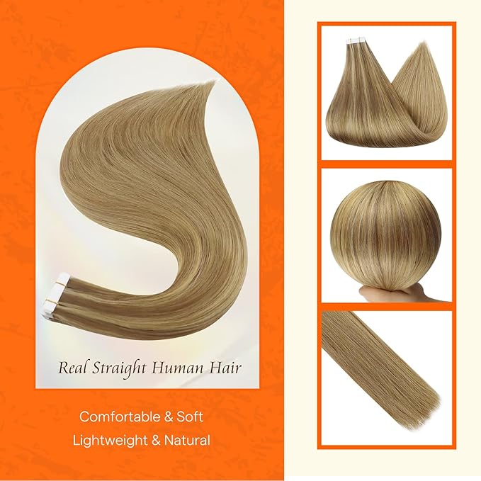 Full Shine Human Hair Extensions Tape in Color 10 Golden Brown and 16 Golden Blonde to 16 Blonde 14 Inch Invisible Seamless Tape in Hair Extensions Human Hair 20PCS 50 Grams Add Volume