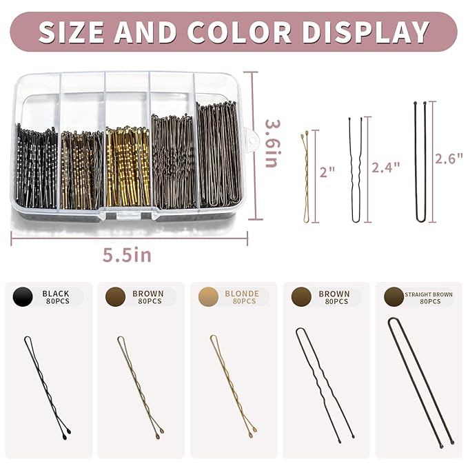Bobby Pins and Hair Pins Combo Box 480PCS, Black Brown Gold Bobby Pins and U Shape Hair Pins Brown for Women, 2" 2.4" and 2.6" Bulk