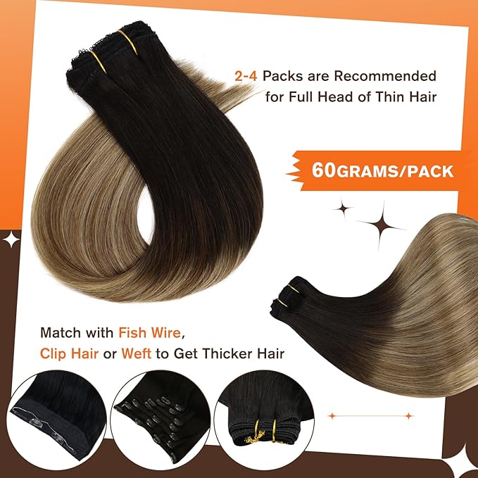 Full Shine Invisible Clip in Hair Extensions Human Hair 18 Inch Natural Black Ombre to Brown with Caramel Blonde Lace Weft Human Clip in Hair Extensions 3 PCS 60 G