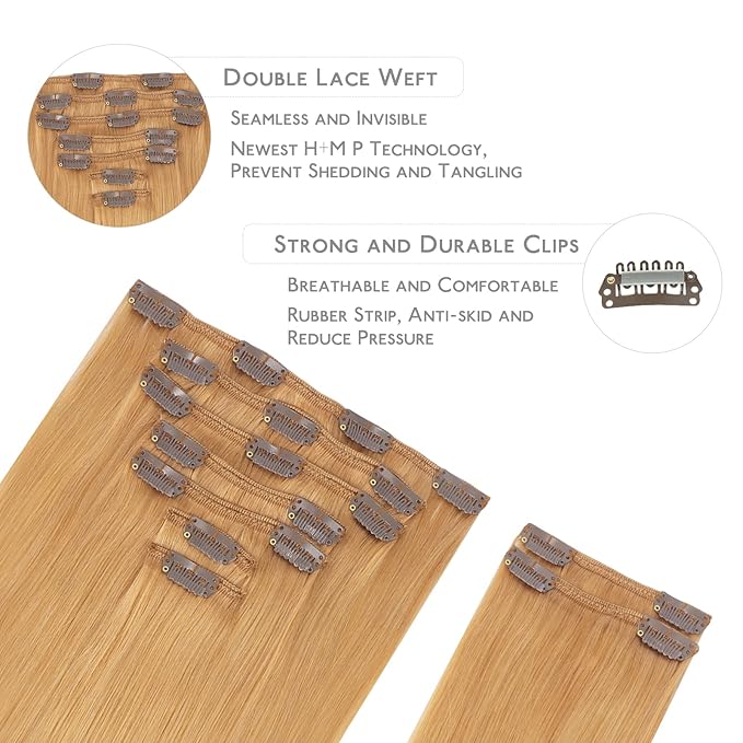WENNALIFE Human Hair Extensions Clip In - 22 Inch 150g 9pcs Strawberry Blonde Remy Hair Extensions - Real Hair Coloured
