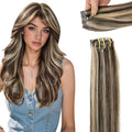 Moresoo Seamless Clip in Hair Extensions Real Human Hair Highlights Dark Brown with Honey Blonde Hand Tied Clip in Human Hair Extensions Long Straight with Soft Seam Weft 150g/7pcs 24 inch