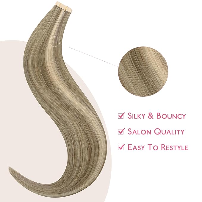 WENNALIFE Tape in Hair Extensions Human Hair Ash Brown with Platinum Blonde Highlights Tape in Extensions, 10pcs 25g 18 inch Remy Invisible Tape Ins Straight Colored Soft Refill Set