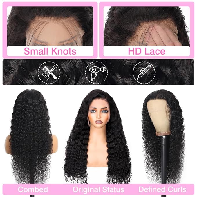 26 inch Deep Wave Lace Front Wigs Human Hair 180 Density 13x6 HD Lace Frontal Wig Curly Wig Pre Plucked Wet and Wavy, Real Human Hair No Synthetic Blend No Tangle No Shedding Triple Lifespan 3X