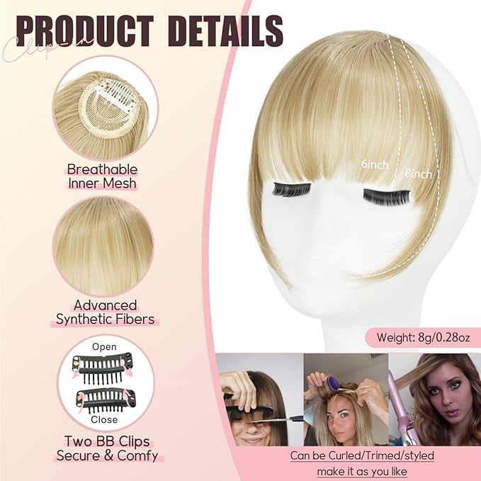 Clip in Bangs, Synthetic Wispy Bangs Hair Clip, Ash Blonde Fake Bangs Fringe with Temples Hairpieces for Women Natural Curved Hair Extensions for Daily Wear