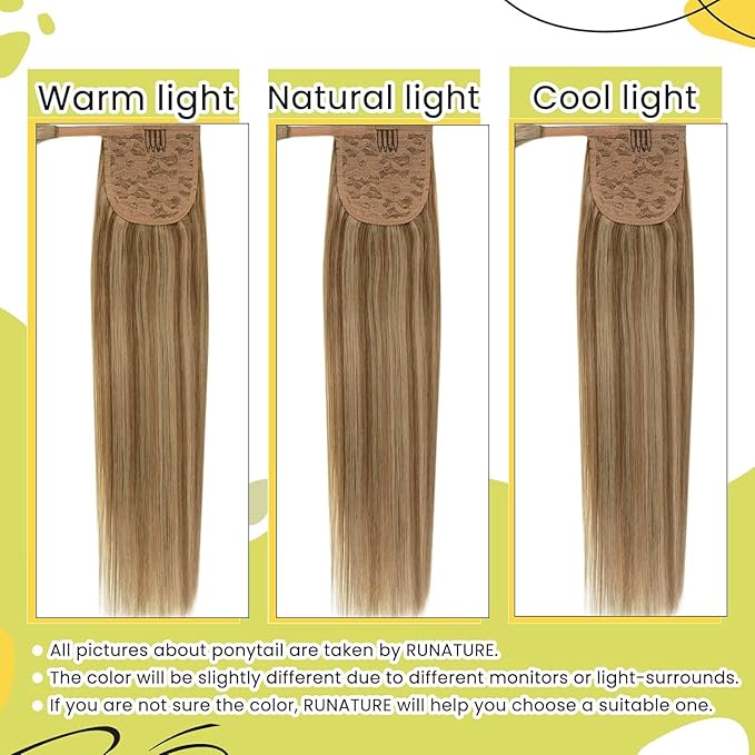 RUNATURE Human Hair Ponytail Extension Dark Blonde with Caramel Blonde Hair Ponytail Extension Human Hair with Magic Paste Short Straight Pony Tails Hair Extensions Straight Full Ends 14 Inch 70g