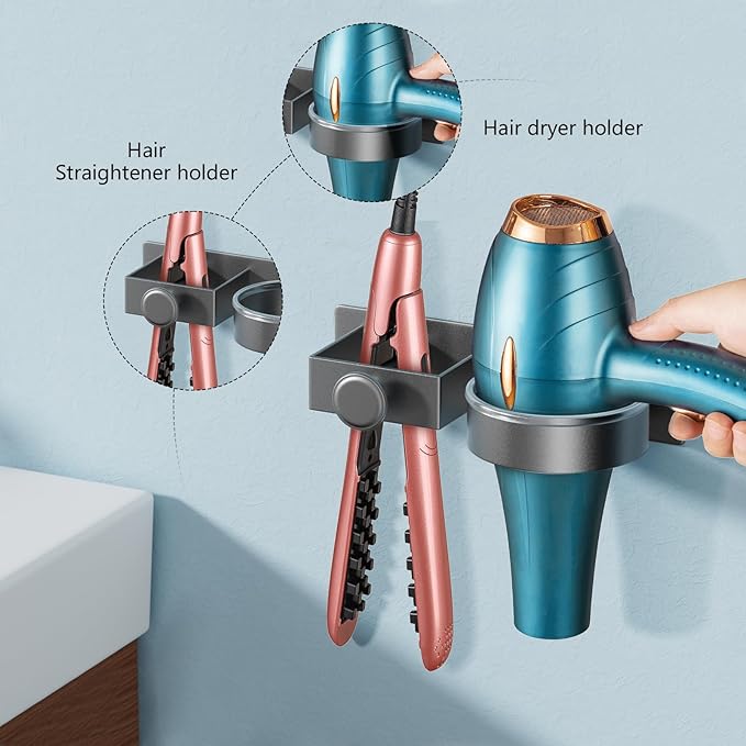 YUET Hair Dryer Holder Hairdryer Straightener Station Wall Mounted/Self Adhesive Metal Spiral Shelf Bracket Stand Hanger Organizer Blow Storage With Cable Tidy Rack For Dressing Table Bathroom (Grey)
