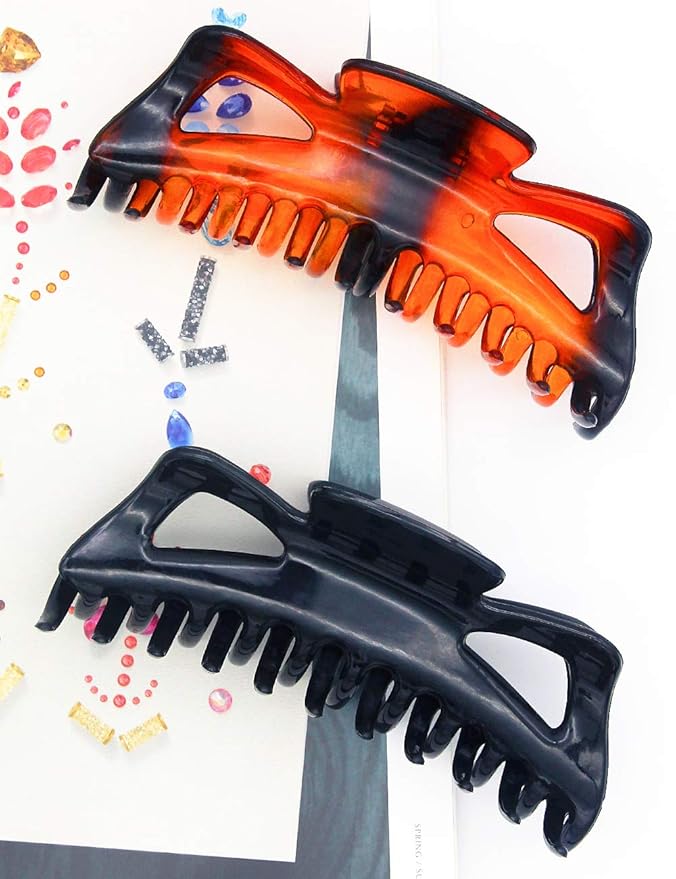 Large Hair Claw Clips for Long Thick Hair Women 5 Inches Big Plastic Claw Clamps 2pcs In Set Hair Accessories Clips (Butterfly-Black+Amber)