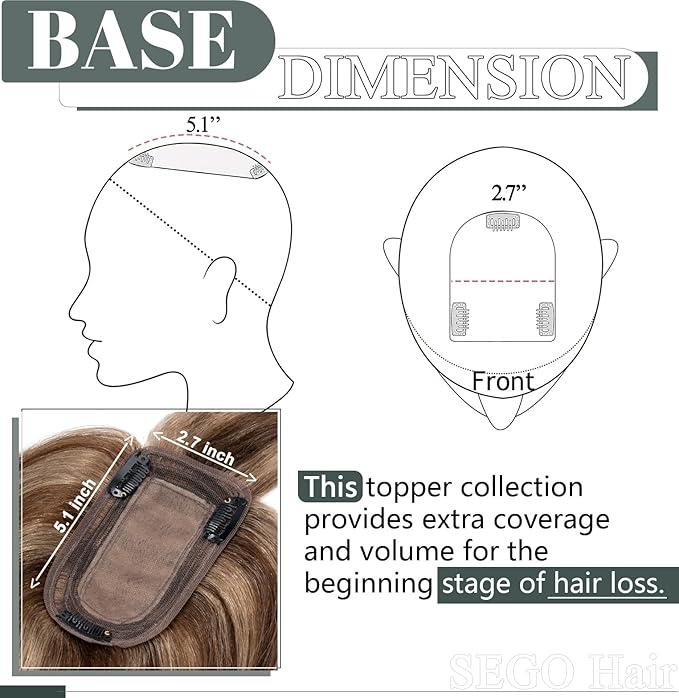 SEGO Hair Toppers for Women Real Human Hair with Thinning Hair, Toppers Hair Pieces Clip in Toppers Straight Hair Pieces with Front Bangs -14 Inch #4/27 Medium Brown Mix Dark Blonde