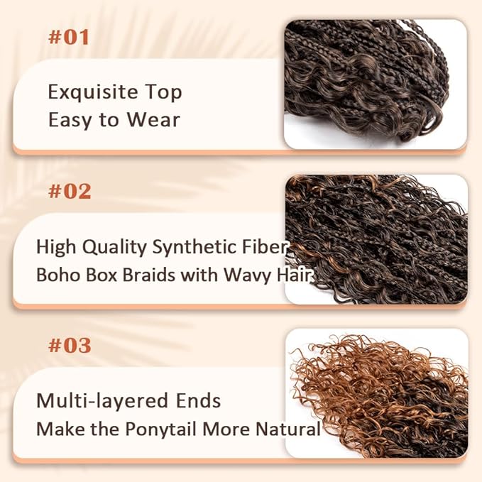 Drawstring Ponytail for Women 18 inch Boho Box Braids with Long Wavy Hair Clip in Ponytail Extension Synthetic Hair Extensions Ponytail for Daily Use (T1B/30#, 18 Inch)