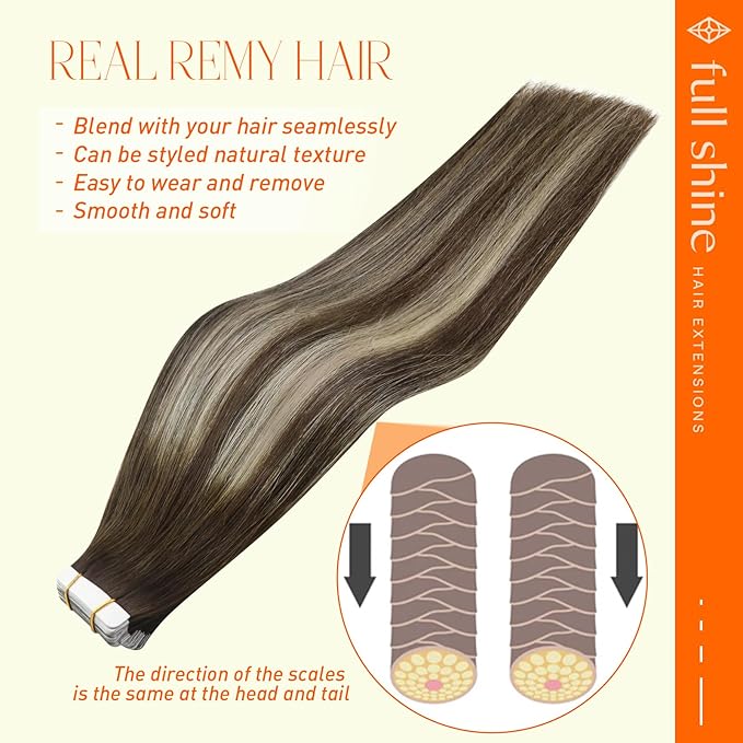 Full Shine Invisible Tape in Hair Extensions Human Hair Color 2/60/2 Brown and Blonde 12 Inch 30G 20Pcs Tape in Extensions Balayage Seamless Human Hair Extensions Brazilian for Women