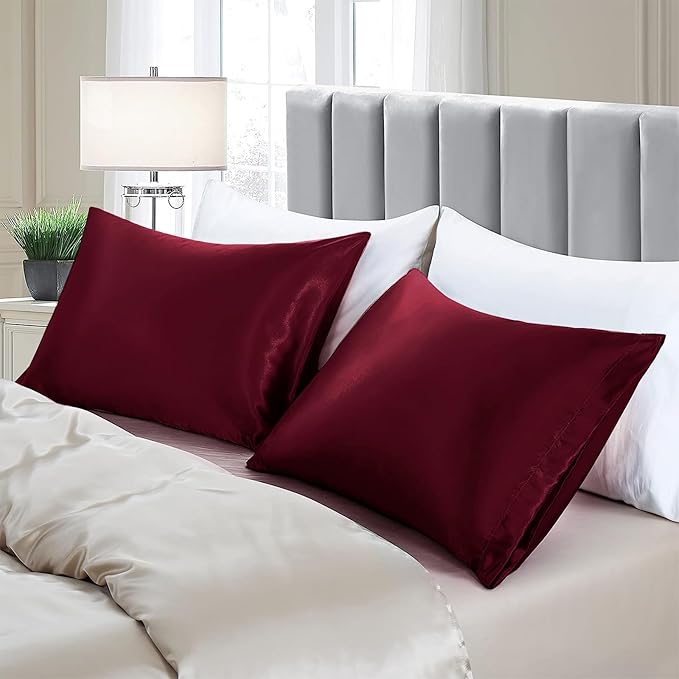 Aormenzy Satin Pillow Cases for Women King Size Set of 2, Burgundy Satin Pillowcase for Hair with Envelope Closure Silky Pillow Covers Wrinkle, Fade Resistant (20x40 Inches)
