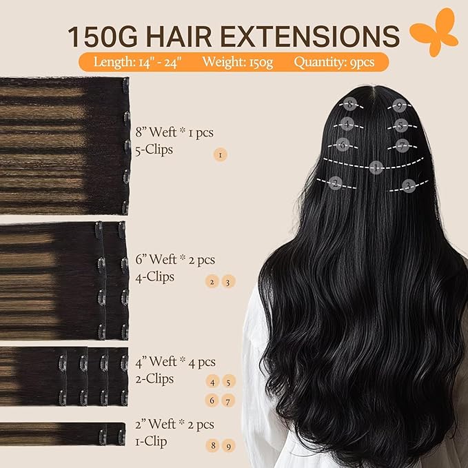 DOORES Clip in Hair Extensions - Balayage Natural Black to Chestnut Brown, 14 Inch 150g 9pcs, Real Human Hair, Remy Straight Natural Hair Extensions