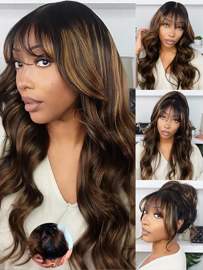 KLAIYI Ombre Brown Loose Body Wave Pre Everything Glueless 13x4 HD Lace Front Human Hair Wig with Natural Bang Highlight Balayage Brown Precut Lace Pre Plucked Bye Bye Knots Drawstring Wig 180% 24Inch
