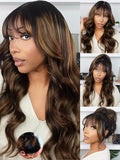 KLAIYI Ombre Brown Loose Body Wave Pre Everything Glueless 13x4 HD Lace Front Human Hair Wig with Natural Bang Highlight Balayage Brown Precut Lace Pre Plucked Bye Bye Knots Drawstring Wig 180% 24Inch
