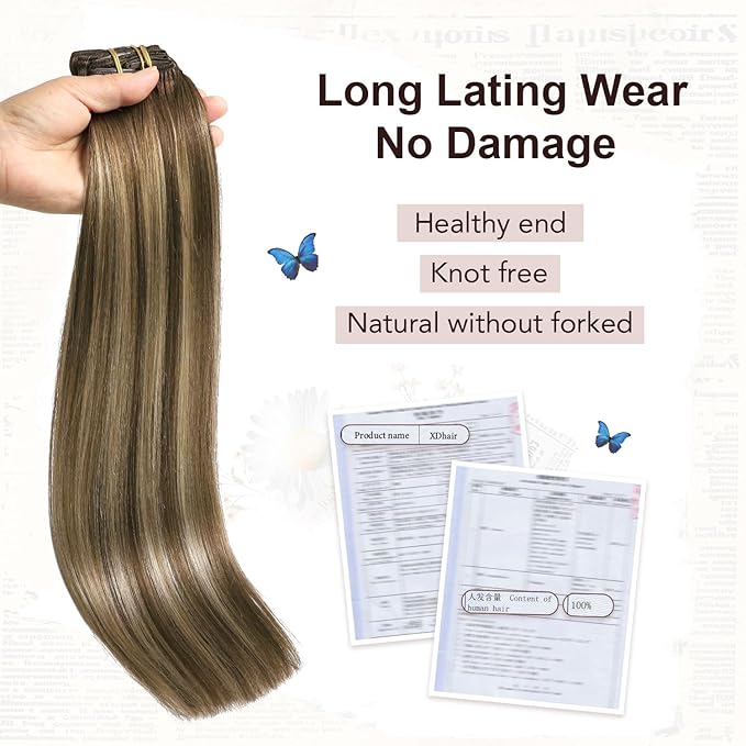 XDhair Clip-in Hair Extensions 120g18 Inch Balayage Chocolate Brown to Caramel Blonde Real Human Hair Extensions Clip in Human Hair Double Weft 6pcs (18inch, #4/27/4)