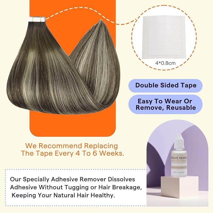 Full Shine Tape in Hair Extensions Human Hair 18 Inch hair extensions real human hair Color 2/60/2 Blonde Highlight Darkest Brown Balayage Tape in Remy Natural Human Hair Extensions 20Pcs/50Grams
