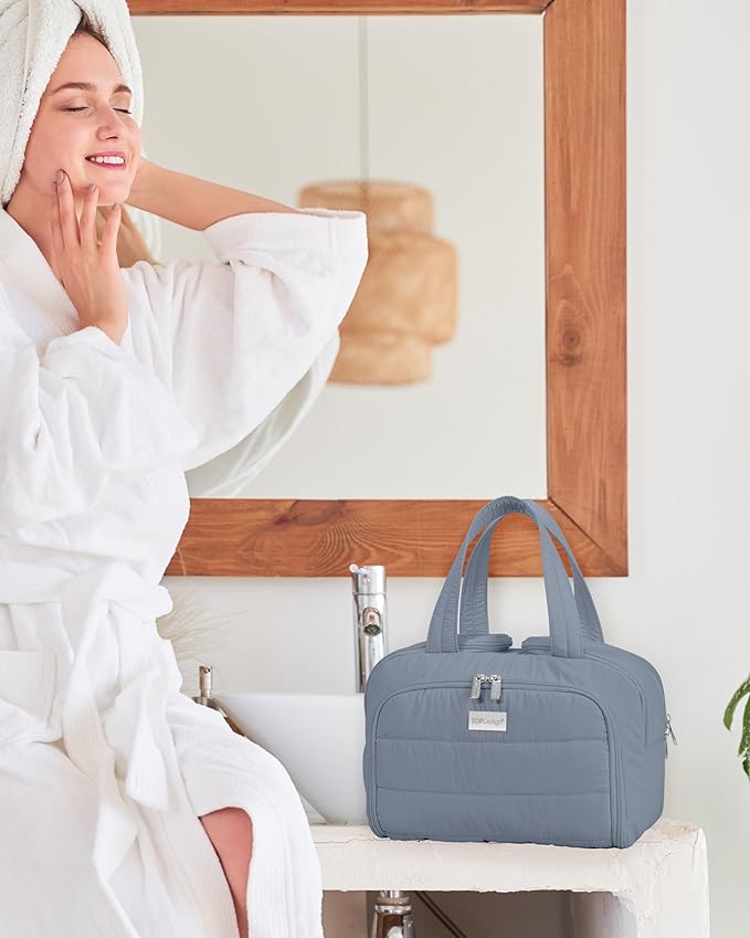 TOPDesign Travel Toiletry Bag for Women, Puffer Large Toiletry Bag, Lightweight Cosmetic Makeup Organizer with Handle for Traveling, Accessories, Essentials, Toiletries (Blue Grey)