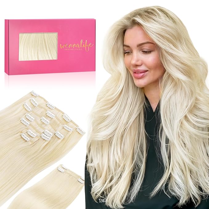 Wennalife Clip in Human Hair Extensions, 14 Inch 150g 9pcs Clip in Hair Extensions Real Human Hair, Platinum Blonde Human Hair Clip in Extensions Remy Human Hair Extensions Clip Ins Double Weft