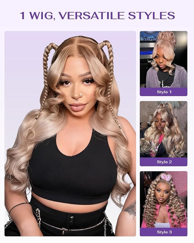 Hidden Strap Milk Tea Ash Blonde Wig Human Hair Body Wave 360 Lace Front Wig Human Hair Ombre Glueless Wigs Pre Bleached Bleached Knots 180% Density Drawstring HD Full Lace Wigs 28Inch