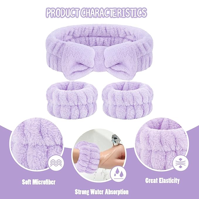 Face Wash Headband and Wristband Set, 1 Set, Purple, Microfiber, for Women, Hairband Set, Keep Hair Dry, Prevent Water from Running Down Arms during Face Washing, 1 Count