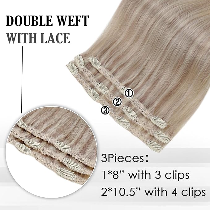 Full Shine Clip in Hair Extensions Ash Blonde Highlights 16 Inch 3 Pcs 60 G Lightweight Clip in Hair Extensions for Thin Hair