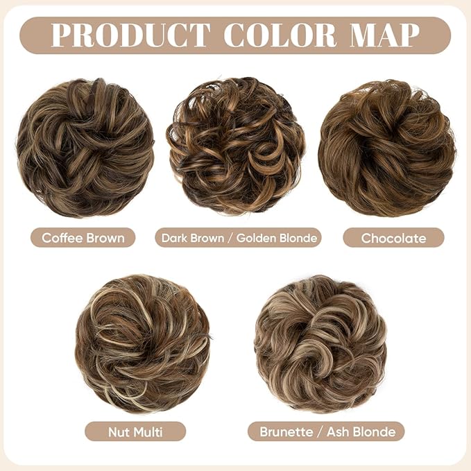 SARLA 2PCS Messy Hair Bun Hair Pieces Wavy Curly Synthetic Updo Fake Scrunchies Ponytail Extension for Women Nut Multi