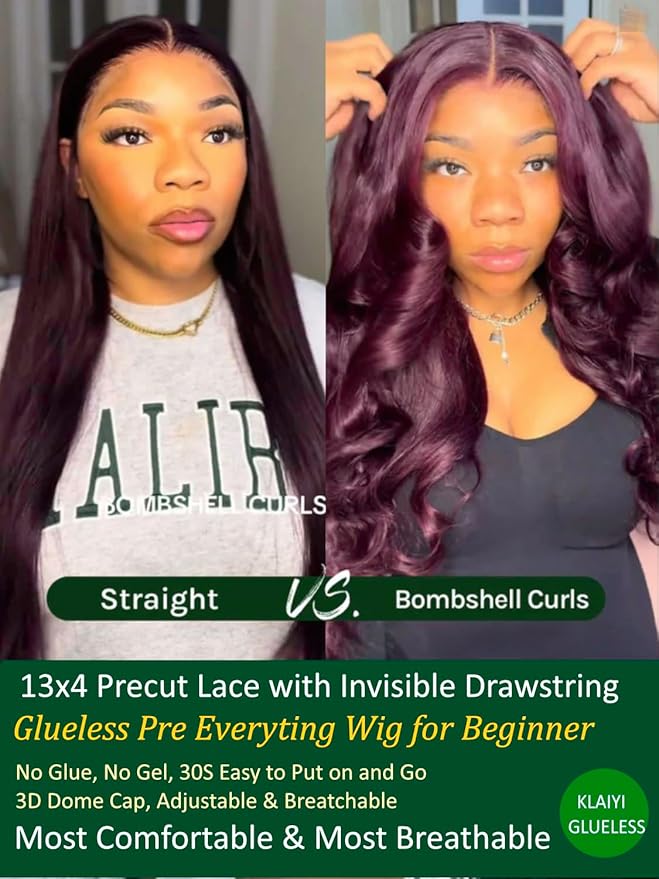 KLAIYI Black Cherry Loose Body Wave Pre Eeverything 13x4 Lace Frontal Wigs Human Hair Bye Bye Knots Glueless Ready to Wear and Go Wig with Face Framing Bangs Drawstring Pre Plucked Burgundy Wig 16Inch
