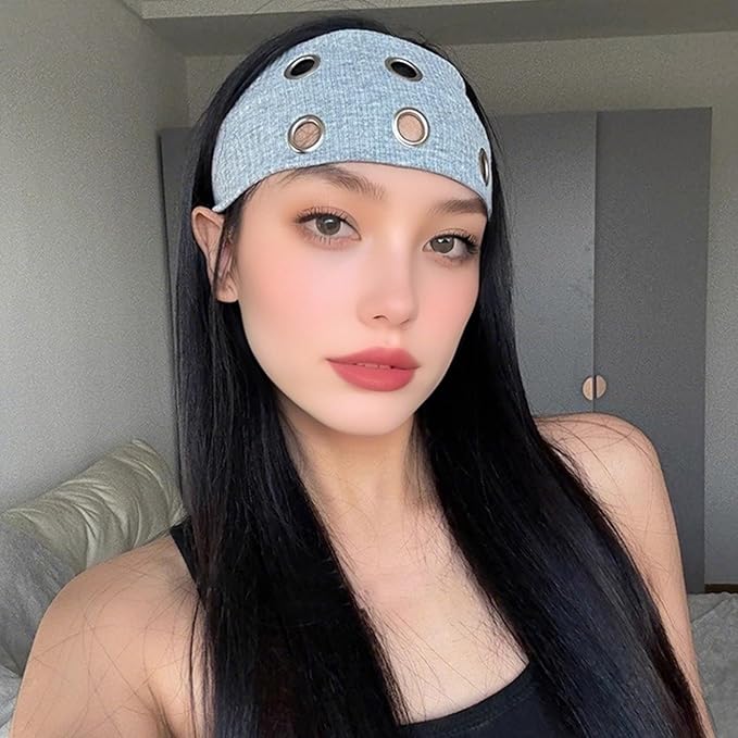 papasgix Grommet Headband for Women, Y2K Elastic Headband Wide Black Hair Band with Holes Metal Rock Style 2000s Hair Accessories (1, Light Grey)