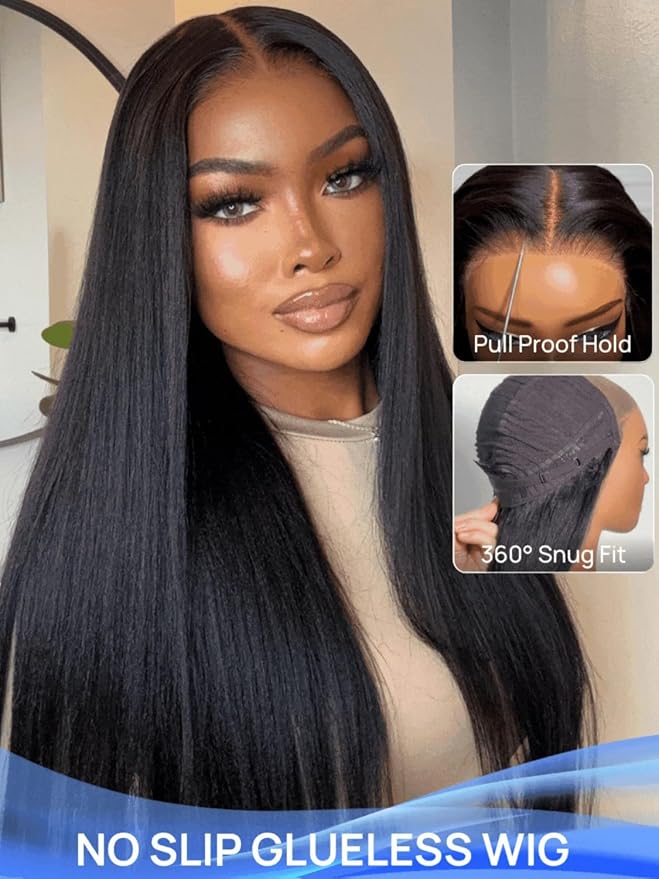 Julia Hair No Slip Yaki Straight 7x5 Lace Closure Glueless Drawstring Wig Flexible Mesh Cap Bye-Bye Slip Pre Cut HD Lace Front Pre Everything Bleached Knots Wear and Go Wig,Zero Slip Hold 20 Inch
