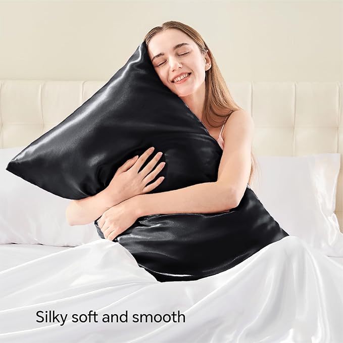 BEDELITE Satin Pillowcase with Zipper, Black King Size Pillow Cases Set of 2, Super Soft and Cooling Similar to Silk Pillow Cases, Gift for Women Men(20x36 Inches)
