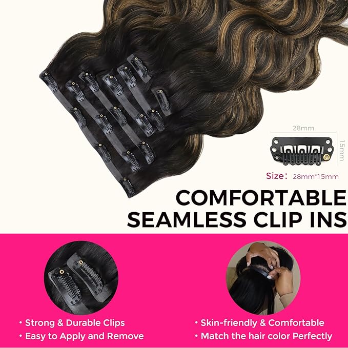 Lashey Seamless Clip in Hair Extensions Human Hair Natural Black Mixed Chestnut Brown Body Wave Clip in Hair Extensions with Invisi Edge 7pcs 110g 22 Inch