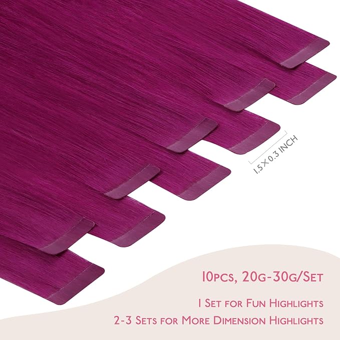 WENNALIFE Tape in Hair Extensions Human Hair Violet Tape in Extensions, 10pcs 30g 26 inch Remy Invisible Tape Ins Straight Colored Soft Real Human Hair Tape in Extensions Refill Set Extensions