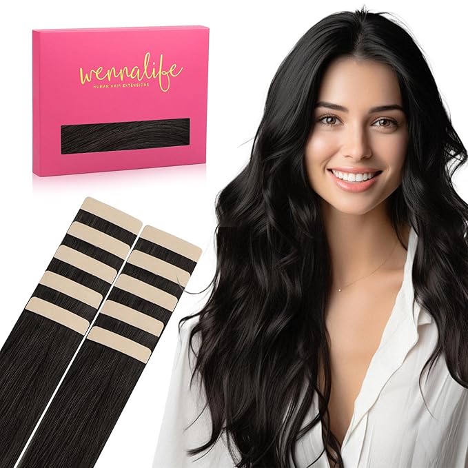 Wennalife Tape in Hair Extensions Human Hair Natural Black Tape in Extensions, 10pcs 30g 26 inch Remy Invisible Tape Ins Straight Colored Soft Real Human Hair Tape in Extensions Refill Set Extensions