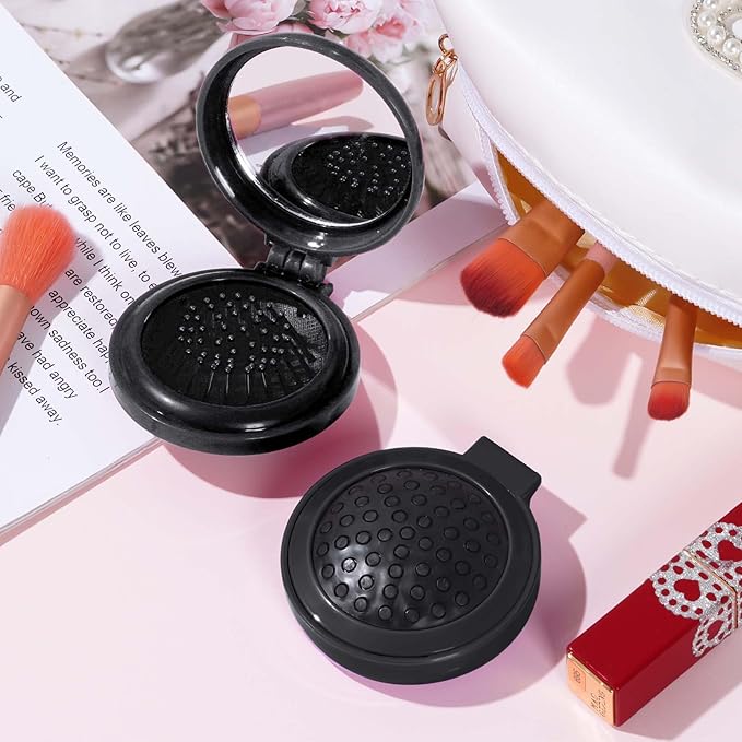 2pcs Folding Travel Mirror Hair Brushes Round Mirror Pocket Hair Brush Portable Mini Pop Up Hair Brushes for Women Girls Wet and Dry Hair (Black)
