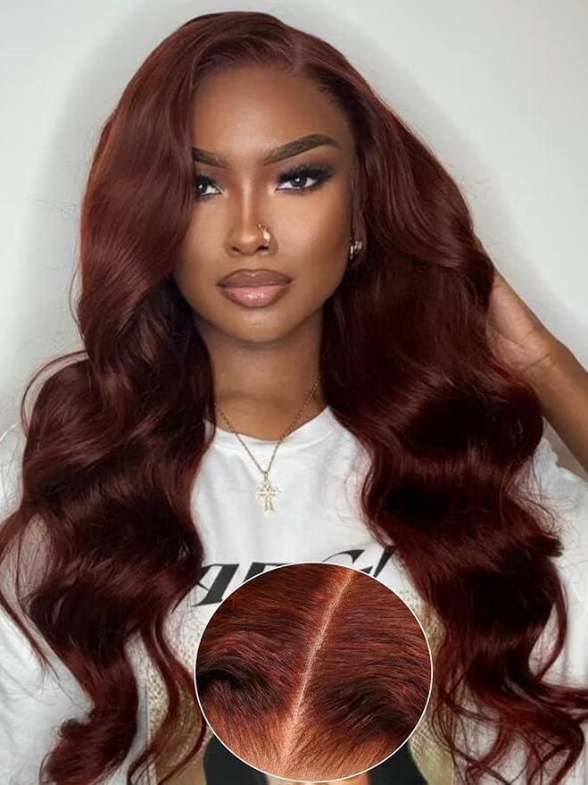 KLAIYI Bye Bye Knots Glueless Wig Reddish Brown Body Wave 7x5 Pre Cut HD Lace Front Wigs Human Hair Put On And Go Wig Pre Bleached Pre Plucked with Baby Hair 30S Ready To Wear 150% Density Full 18Inch