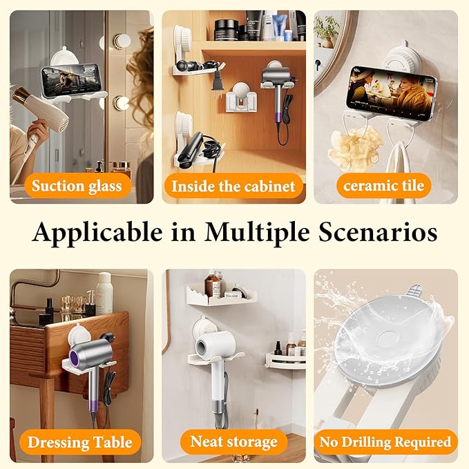 Universal Suction Cup Blow Dryer Holder,Hairdryer Holder For Bathroom Wall Mount,With Plug&Cord Organizer.Strong And Stable，Easy Installation Ideal for Bathroom And Cabinet Door(White)