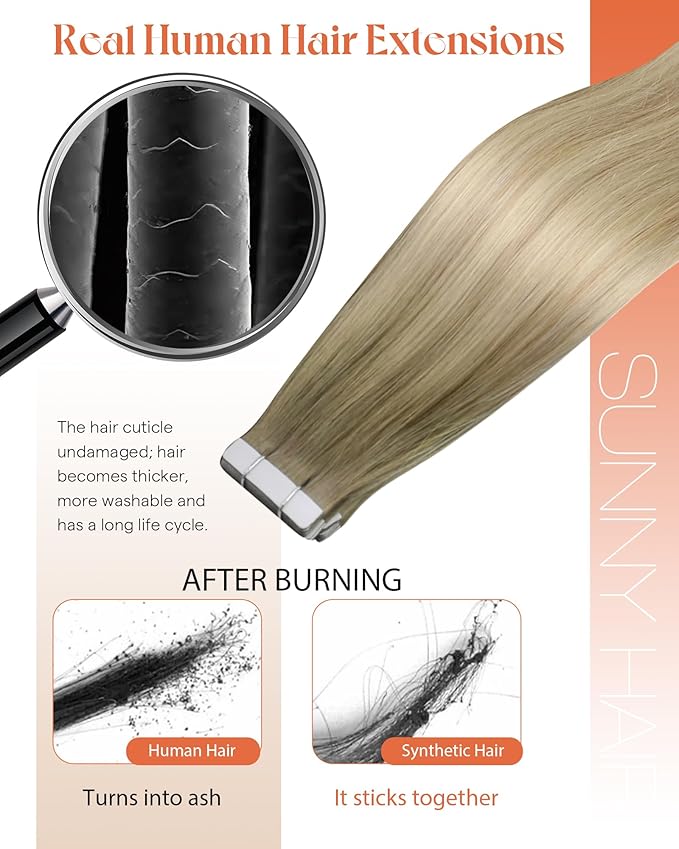Sunny Hair Tape in Hair Extensions Real Human Hair Invisible Remy Hair Extensions Tape ins for Women Ash Blonde Root to Platinum Blonde Balayage 24 inch 20Pcs 50G