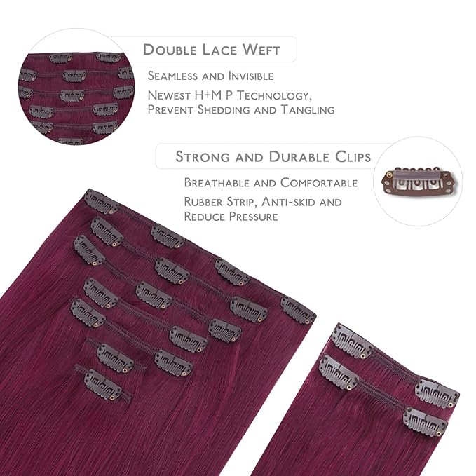 WENNALIFE Light Burgundy Human Hair Extensions - 150g 24 Inch 9pcs Clip in Hair Extensions, Thicker Double Weft Real Human Hair Set