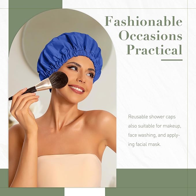 Reusable Shower Cap for Women, Large Waterproof Shower Essentials Bonnet Washable Elastic Band Bath Hair Wrap Hat for Long Hair, Braids(Dark Blue)