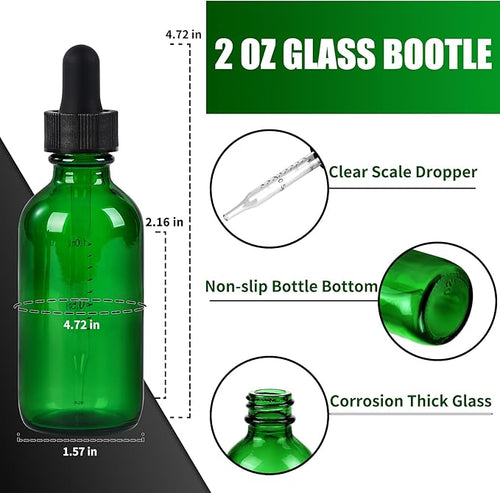 12 Pcs, 2oz Glass Dropper Bottle, Leakproof Tincture Bottles with Dropper, Green Reusable Eye Dropper Bottle, for All Kinds of Liquids (Green, 2oz-12pcs)