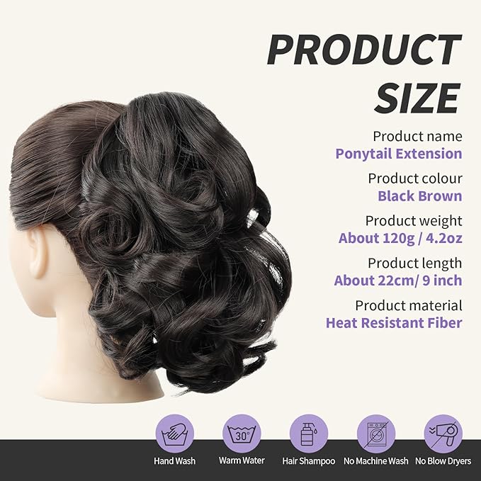 Black Ponytail Extension,9" Short Curly Wavy Claw Clip Pony tails Hair Extensions Natural Soft Synthetic Hairpiece for Women - Black Brown
