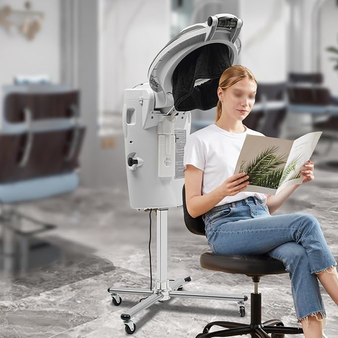 Professional Standing Hair Steamer for Salon & Home, 700W Ozone Steam Therapy with Light Scalp Care, Adjustable Height Hooded Dryer with 12 Light, Auto Shut-Off (White)