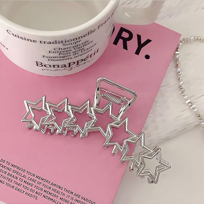 Metal Hair Claw Clips, 1Pcs Stylish Star Pattern Claw Clip for Thin & Thick Hair - Easy Back Styling Accessory (Silver Star)