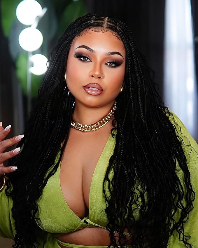 Human Hair Boho Curls Hand-Tied HD Full Lace Wig - 36" Salon-Level Small Box Synthetic Braids (79 Braids, Medium Density) Pre-Cut Swiss HD Lace, Pre-Plucked, Knotless, Tangle-Free - Black 1B