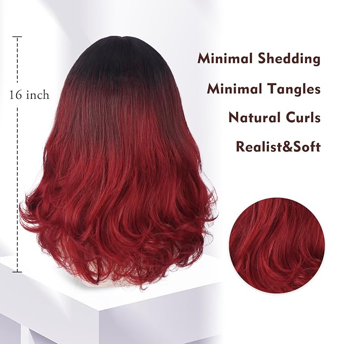 Wig with Bangs for Women | 16 Inch Layered Body Wave Synthetic Wig | Heat Resistant Yaki Fiber Natural Looking Shoulder Length Wigs | Synthetic Wig for Daily Wear - Ombre Black to Burgundy