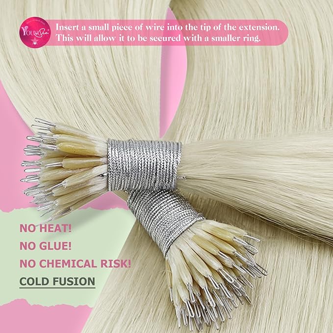 YoungSee Platinum Blonde Nano Beads Hair Extensions Human Hair 16inch Nano Ring Hair Extensions Real Human Hair White Blonde Nano-Link Extension for Weddings and Special Occasions 50s 50g